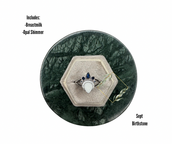 Teardrop birthstone breastmilk ring. Moon breastmilk ring. Keepsake ring. Cremain ring. Ash ring. Birthstone keepsake jewelry. September birthstone jewelry