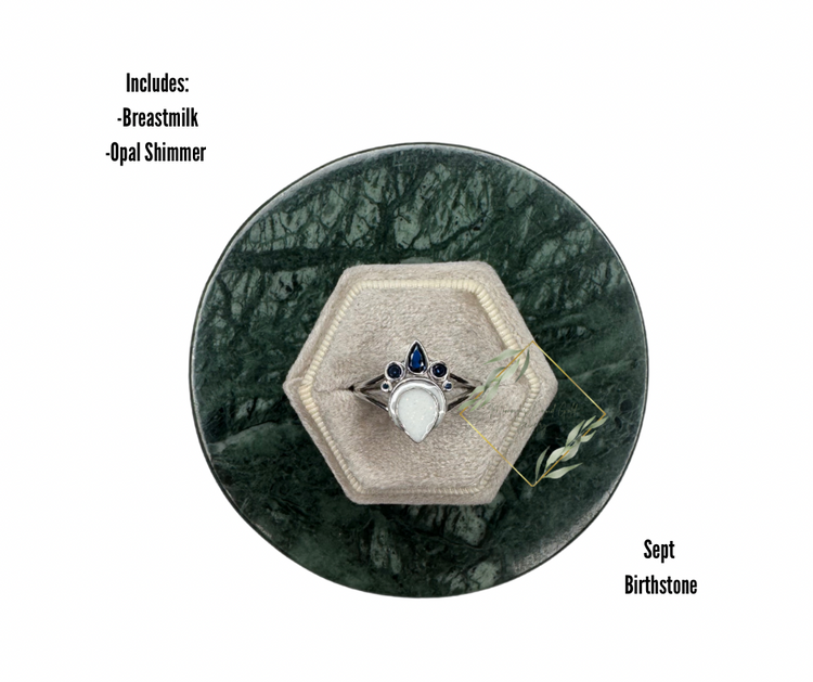 Teardrop birthstone breastmilk ring. Moon breastmilk ring. Keepsake ring. Cremain ring. Ash ring. Birthstone keepsake jewelry. September birthstone jewelry