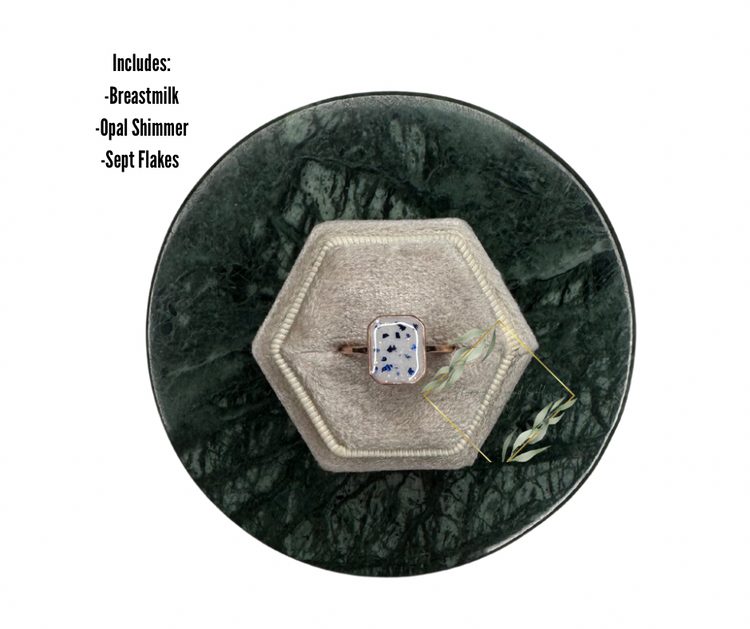 Square rose gold breastmilk ring with September flakes. Breastmilk keepsake. Breastmilk jewelry. Keepsake jewelry. Cremain Ring. Ash Ring.