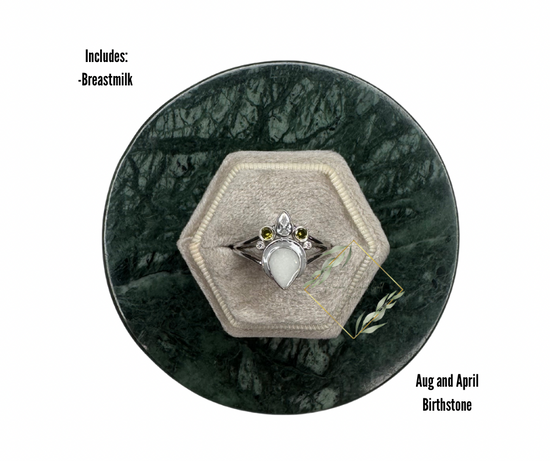 Teardrop birthstone breastmilk ring. Moon breastmilk ring. Keepsake ring. Cremain ring. Ash ring. Birthstone keepsake jewelry.