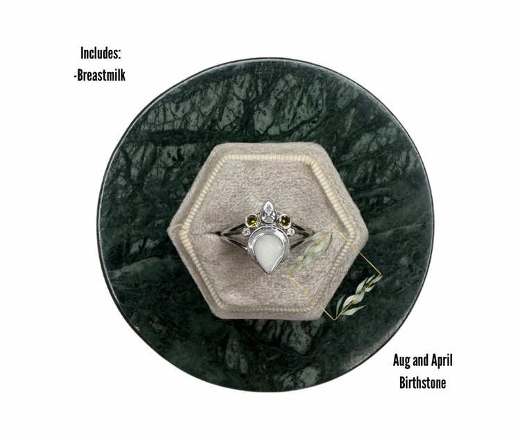 Teardrop birthstone breastmilk ring. Moon breastmilk ring. Keepsake ring. Cremain ring. Ash ring. Birthstone keepsake jewelry.