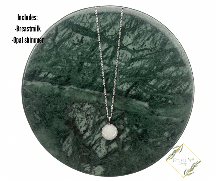 Round silver breastmilk necklace. Breastmilk Keepsake. Yellow gold breastmilk necklace. Ash necklace. Cremain necklace. Keepsake Jewelry.