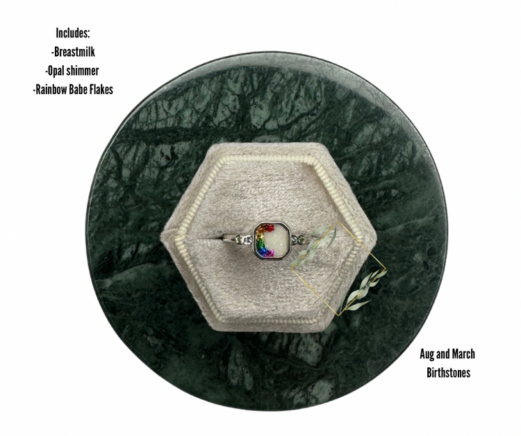 Silver square breastmilk ring. Keepsake ring. Silver Cremain ring. Yellow gold ash ring.