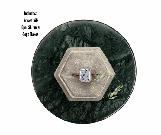 Square rose gold breastmilk ring with September flakes. Breastmilk keepsake. Breastmilk jewelry. Keepsake jewelry. Cremain Ring. Ash Ring.