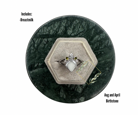 Teardrop birthstone breastmilk ring. Moon breastmilk ring. Keepsake ring. Cremain ring. Ash ring. Birthstone keepsake jewelry.